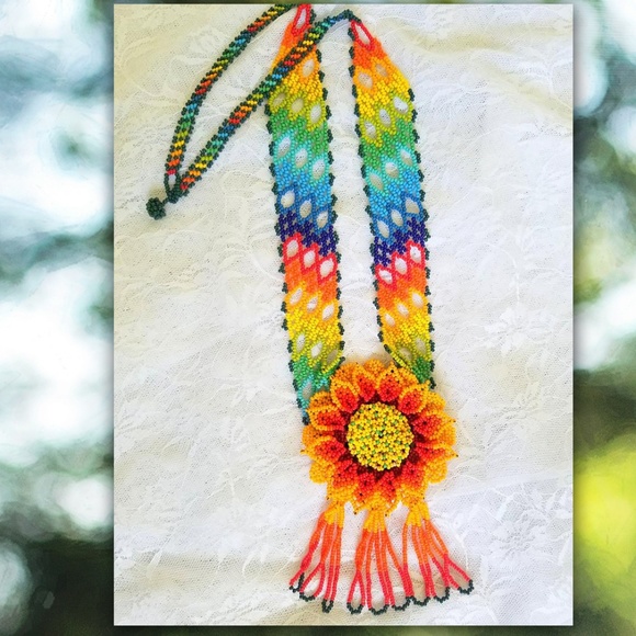 ✿ Beaded Handmade Rainbow 3D Flower Necklace - Picture 2 of 5